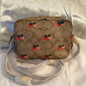 🍓Coach NWT Beige Mini Camera Bag with Strawberry Print Design and gold hardware